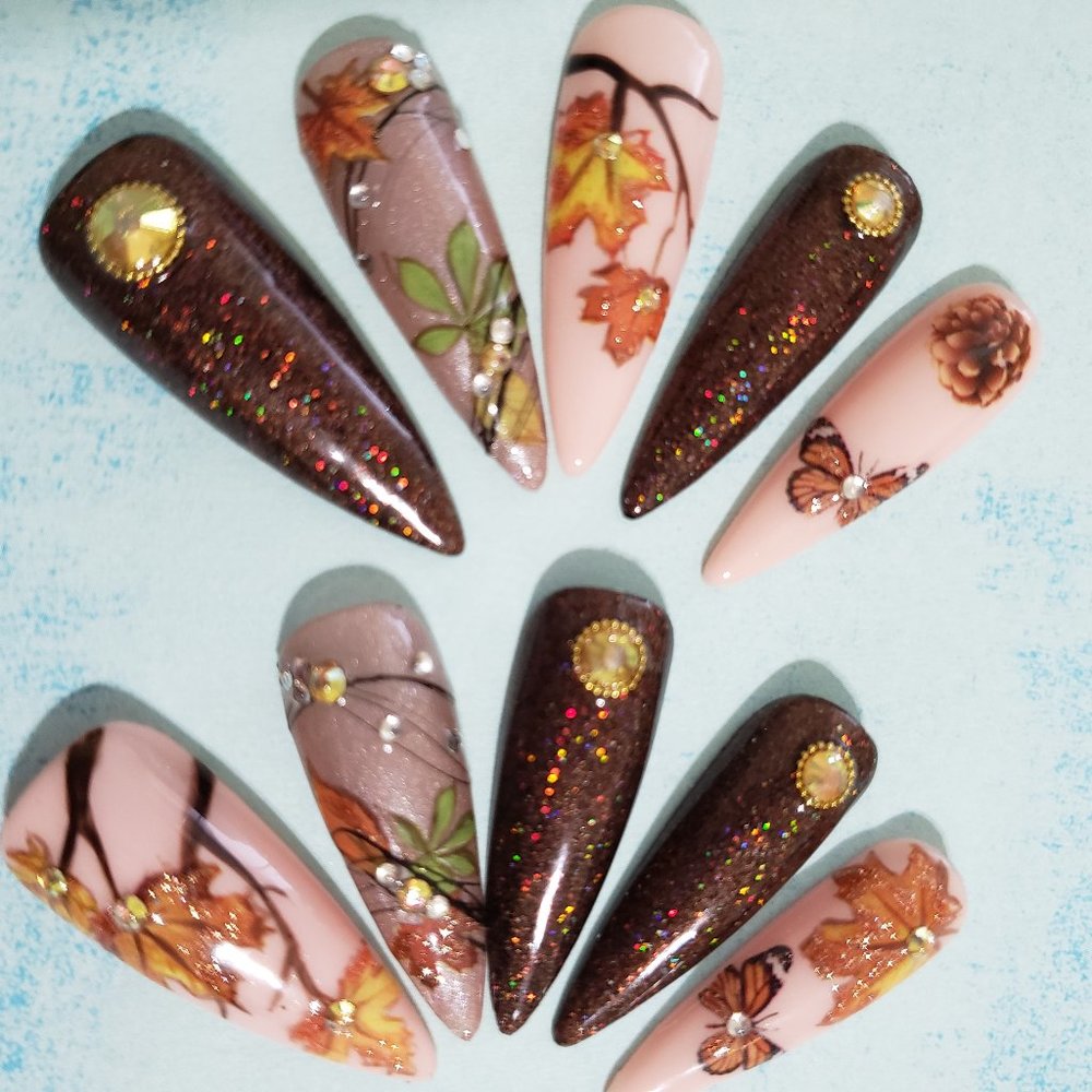 Long Stiletto Press on Nails " Autumn Jazz "
